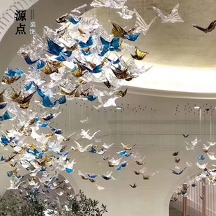酒店玻璃蝴蝶吊饰宴会厅会所天花板装饰挂件走廊艺术琉璃挂饰创意