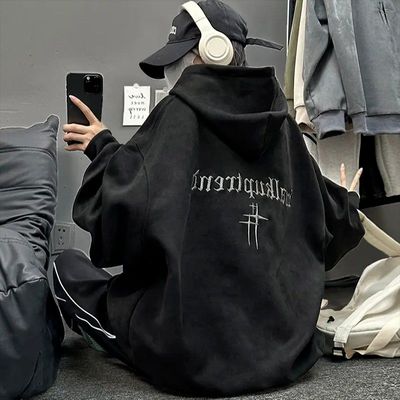 美式oversize重磅刺绣卫衣秋季高街麂皮绒上衣复古连帽外套男秋冬