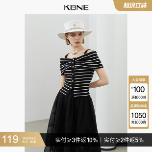 夏季 一字领薄款 KBNE2025年新款 短袖 黑色上衣女 针织衫 条纹宽松修身