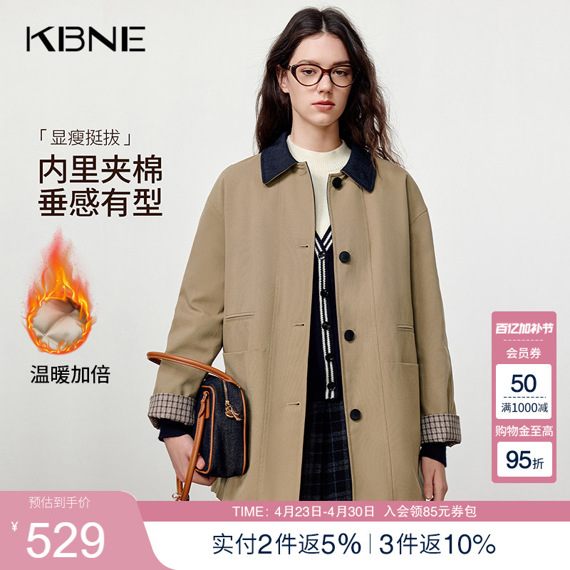 KBNE宽松中长款卡其色棉服女2025冬季新款高级感休闲棉衣夹棉外套