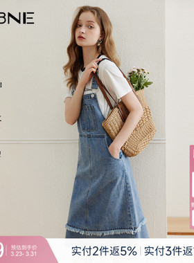 KBNE蓝色牛仔背带裙连衣裙女夏季新款棉质复古小个子宽松显瘦裙子
