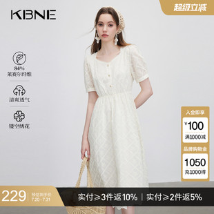今年流行漂亮裙子 KBNE连衣裙女方领白色短袖 2025夏季 新款 中长款