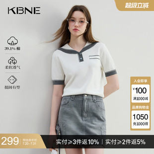 学院风上衣 KBNE短袖 女白色海军领金梳棉新派学院风夏季 新款 针织衫