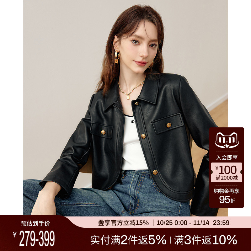 KBNE黑色长袖翻领皮衣女装2025秋季新款短款外套女高级感夹克上衣