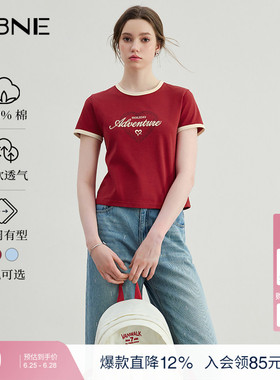 KBNE短袖t恤大红色复古打底衫圆领设计感2025夏季新款洋气上衣女