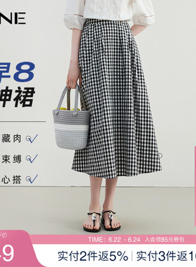 KBNE半身裙女黑色格纹复古伞裙2025夏季新款小个子收腰格子半裙女