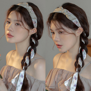 韩国新款春夏绸缎印花宽边发箍编发飘带头箍可拆卸发带外出发卡女
