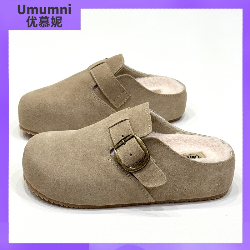 毛毛厚底包头一脚蹬勃肯鞋半拖女