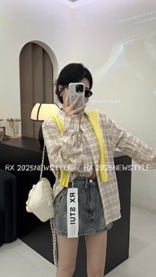 秋季 新款 韩系减龄休闲polo领慵懒宽松格子撞色上衣长袖 衬衫