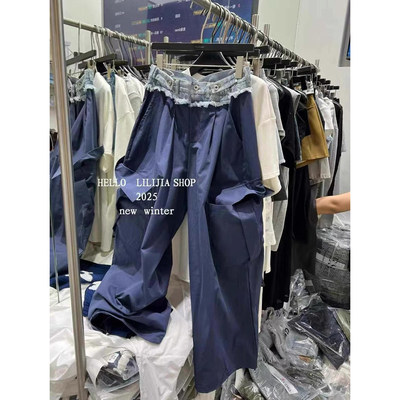 2025夏季新款韩版辣妹高腰显瘦牛仔拼接设计感阔腿工装休闲裤女潮