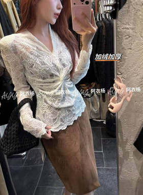 正肩修身交叉扭结蕾丝上衣女秋冬时尚洋气紧身v领内搭打底女士T恤