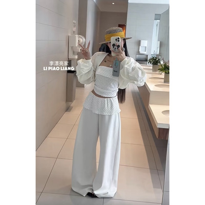 黑色波点抹胸背心+显瘦坎肩外套+腰头拼接波点裤三件套