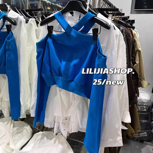 2025秋季新款设计感交叉露肩挂脖短款卫衣女装百搭长袖上衣