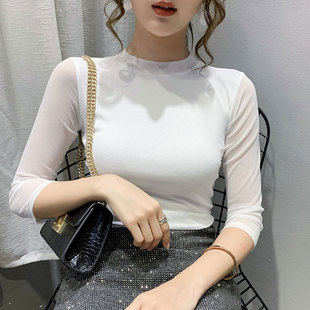 新款 显瘦七分袖 打底衫 网纱修身 内搭T恤上衣外穿潮 女中袖 2021夏季