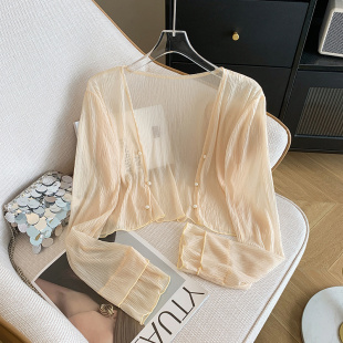 女新款 短款 薄款 小坎肩长袖 百搭上衣夏 白色披肩罩衫 冰丝雪纺晒开衫