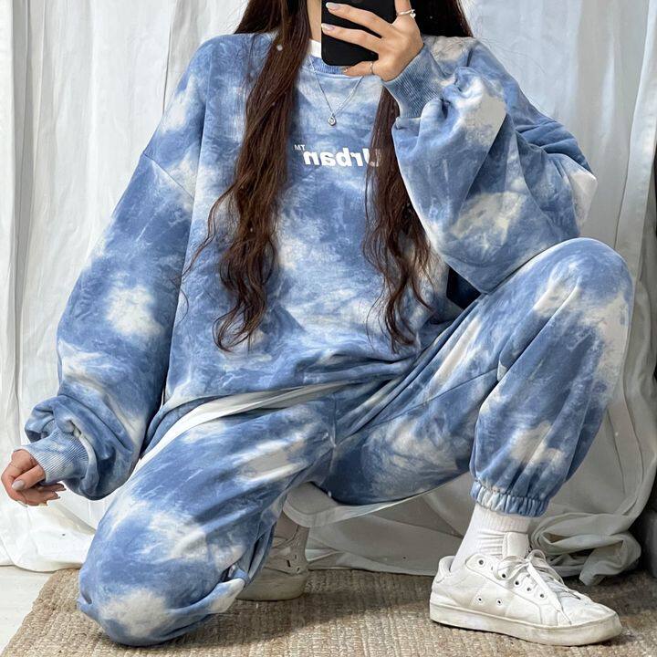 정장 여성용 긴팔 바지 루즈 코튼 투피스 봄 가을 패션 스웨트 셔츠 2022 새로운 스포츠 및 레저 러닝