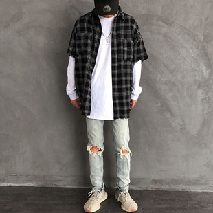 脚拉链修身 子水洗裤 破洞牛仔裤 男潮流薄款 夏季 长裤 欧美高街复古裤