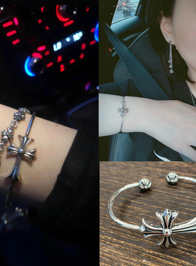 泰银十字架手镯镀S925纯银朋克男女款十字花皇冠开口手环