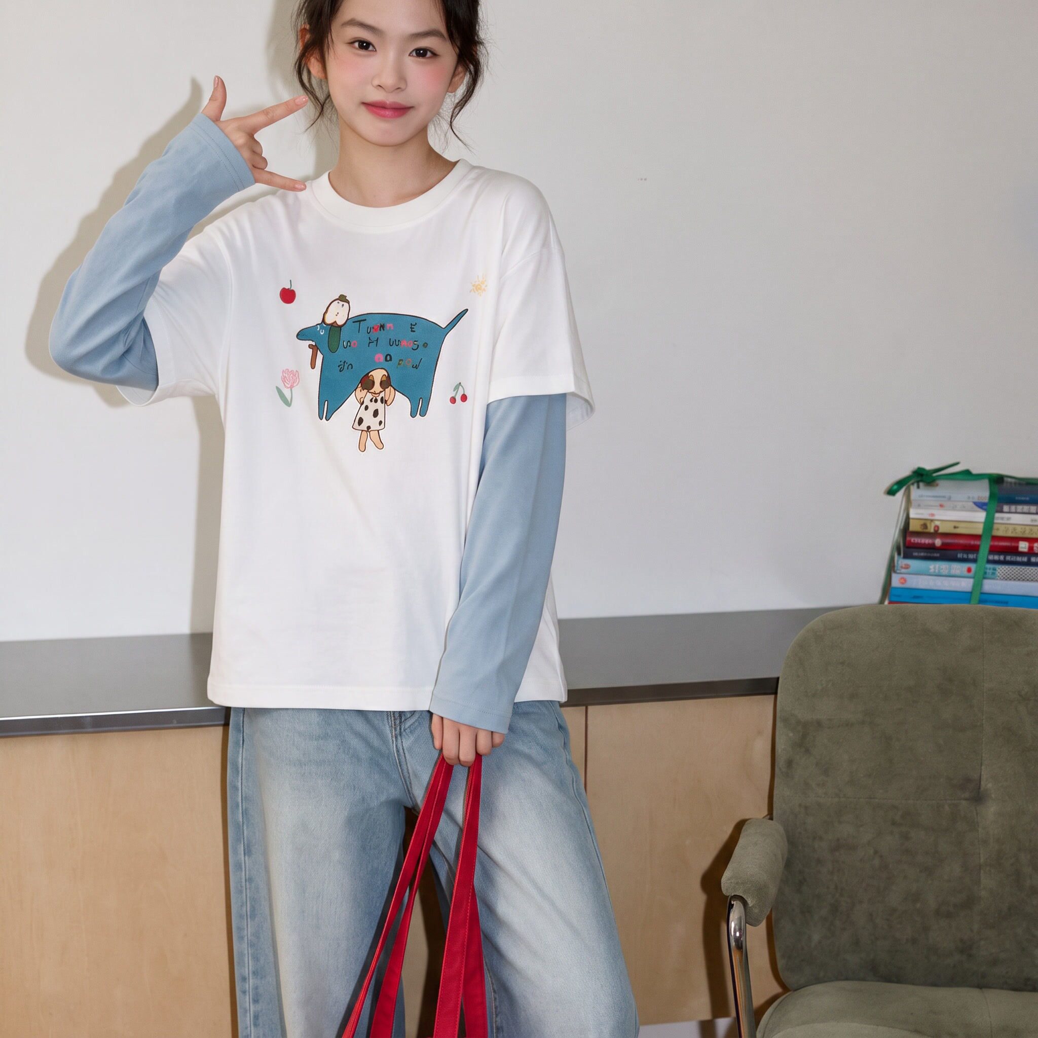 女童长袖打底衫秋季假两件T恤