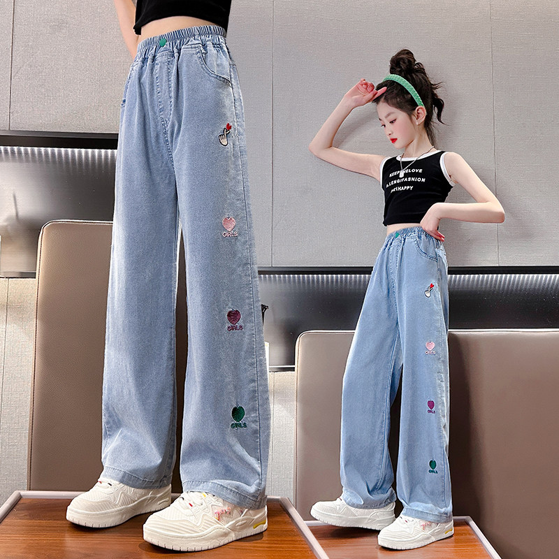 女童裤子牛仔裤夏装新款中大童洋气宽松直筒裤夏季冰丝防蚊裤薄款