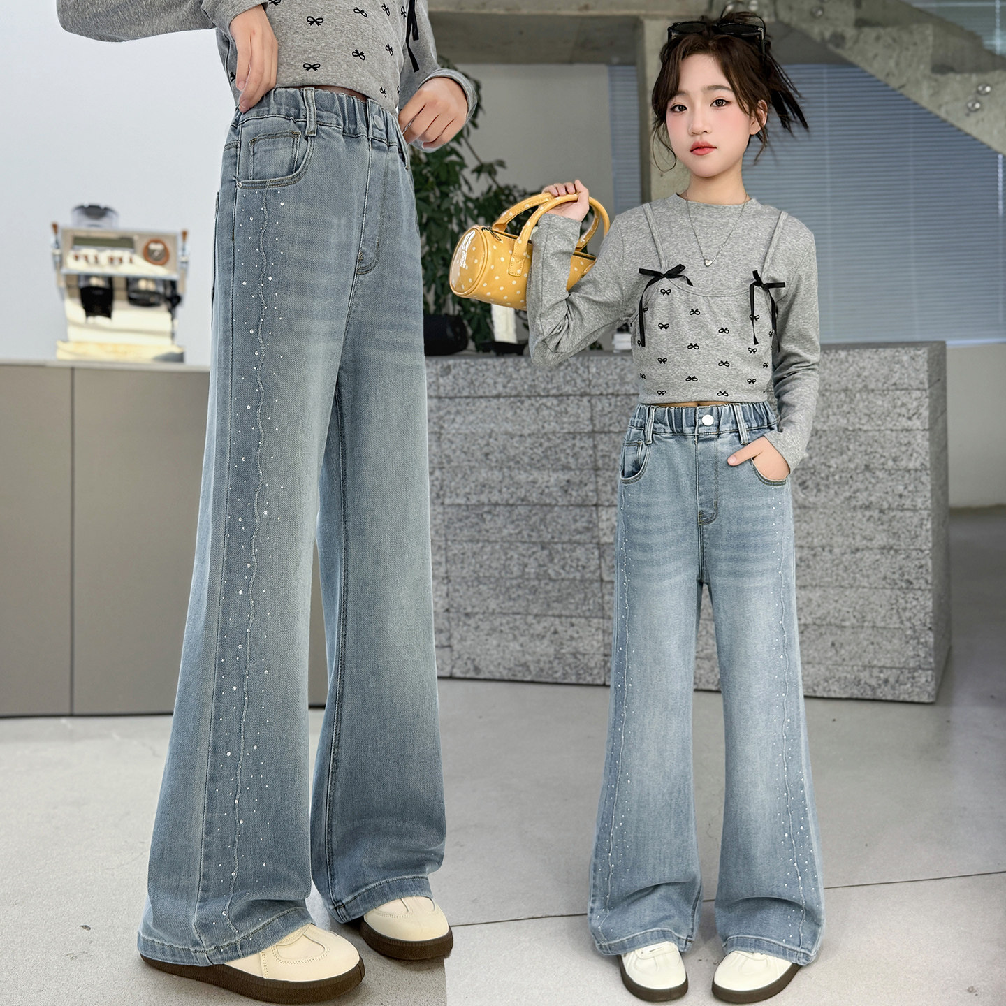 女童裤子牛仔喇叭裤春秋装新款中大童烫钻弹力微喇裤韩版休闲长裤