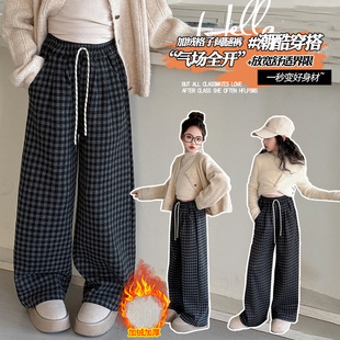 女童裤子休闲格子裤加绒加厚秋冬装新款中大童洋气直筒裤冬季保暖