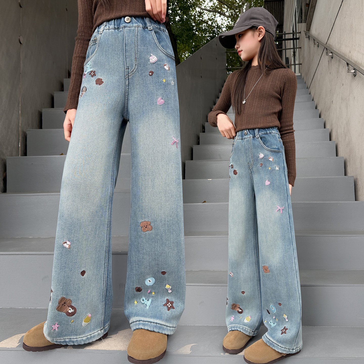 女童裤子牛仔阔腿裤春秋装新款中大童洋气宽松直筒裤韩版休闲长裤