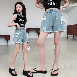 中大童韩版 休闲中裤 热裤 夏装 冰丝薄款 新款 夏季 女童牛仔短裤 五分裤