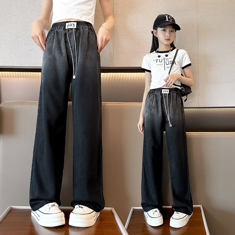 女童裤子牛仔阔腿裤夏装2026新款中大童宽松直筒裤夏季冰丝长裤薄