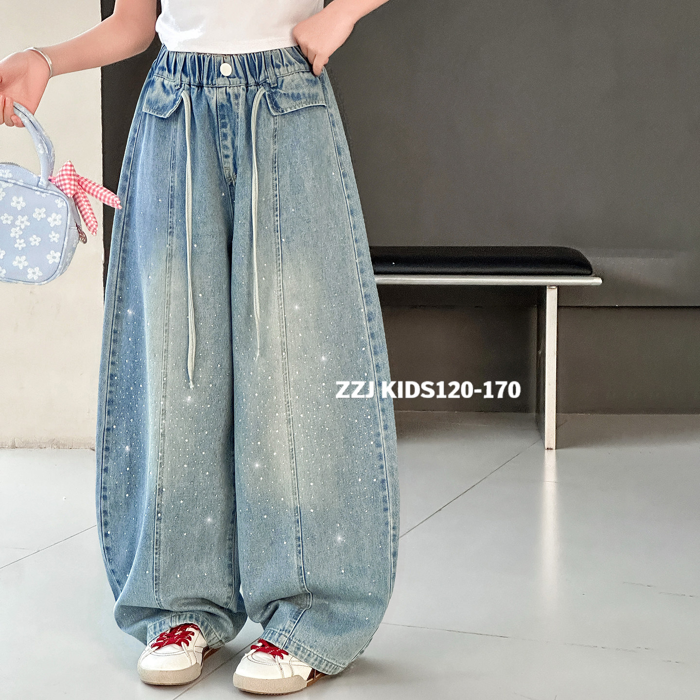 女童裤子牛仔阔腿裤春秋装新款中大童洋气烫钻直筒裤韩版休闲长裤