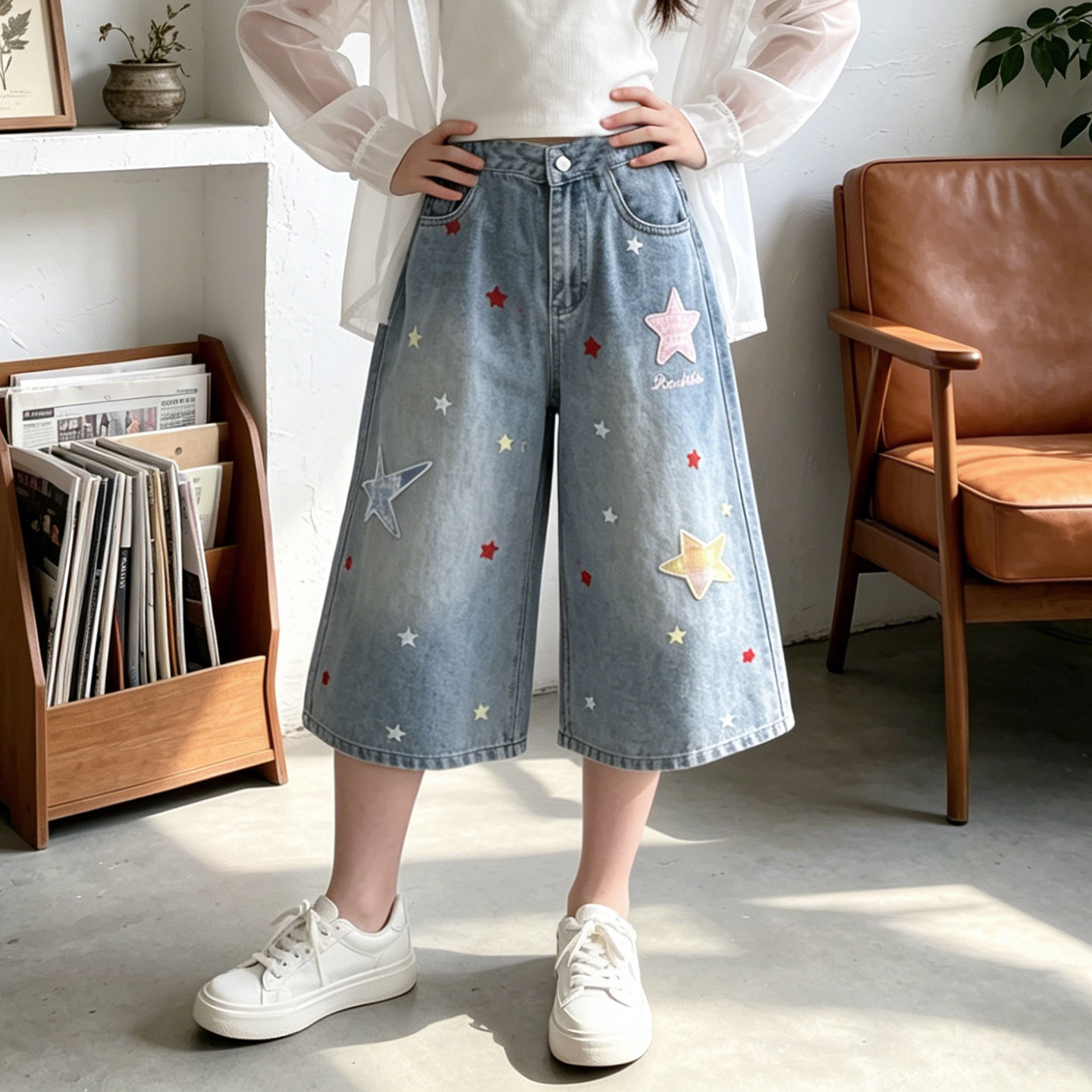 女童牛仔短裤夏装新款中大童韩版宽松中裤五分裤夏季冰丝七分裤薄