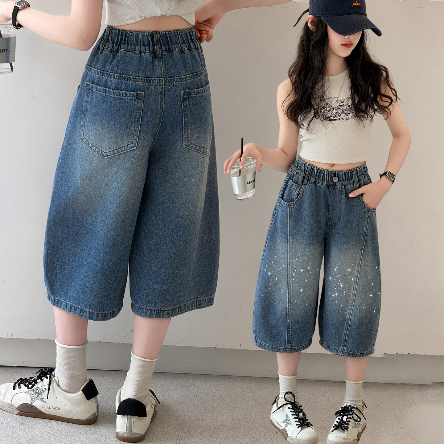 女童牛仔短裤夏装新款中大童休闲宽松中裤五分裤夏季冰丝七分裤薄