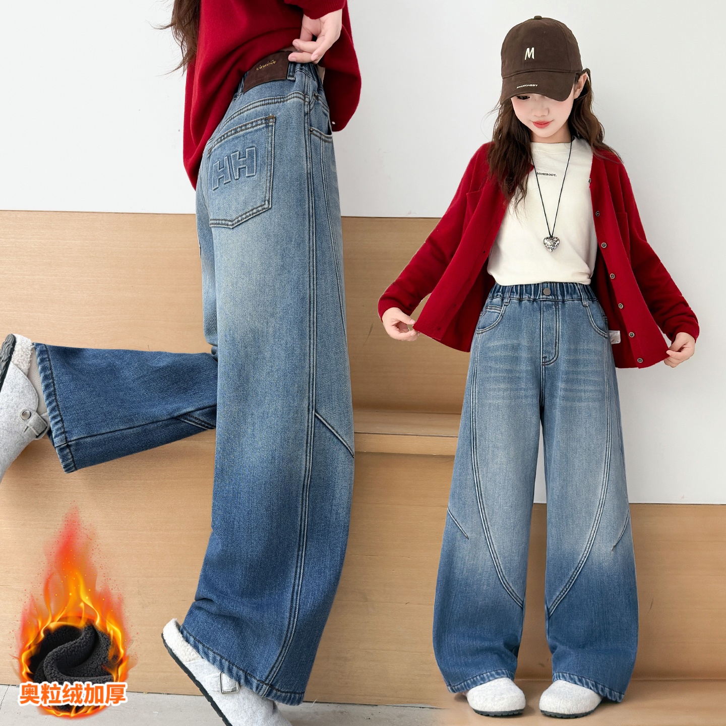 女童牛仔裤加绒加厚保暖弯刀裤