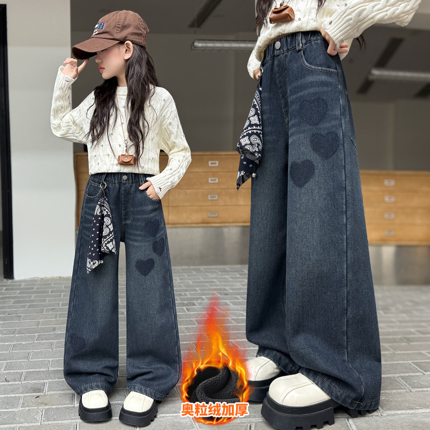 女童牛仔裤加绒加厚保暖直筒裤