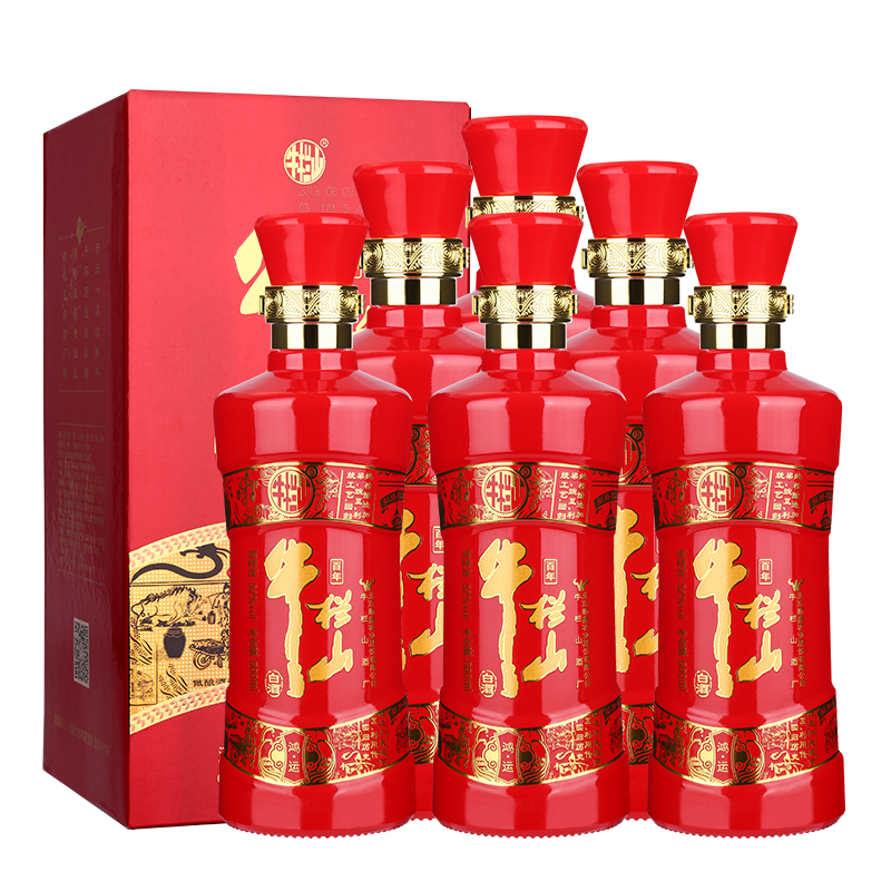 百年牛栏山52度鸿运老酒浓香型白酒水500毫升*6瓶送礼盒装正品