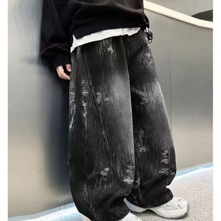 猫抓磨毛破洞宽松百搭长裤 男童裤 儿童春秋弯刀裤 牛仔裤 子2026新款