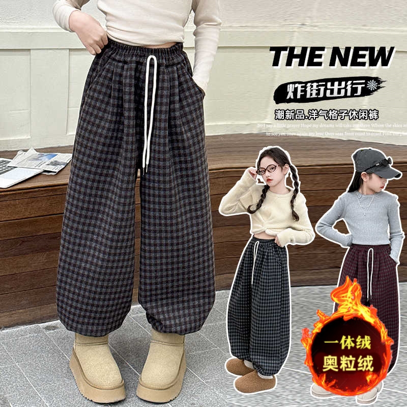 女童春秋款一体绒灯笼裤格子裤