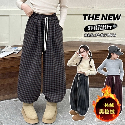 女童春秋款一体绒灯笼裤格子裤