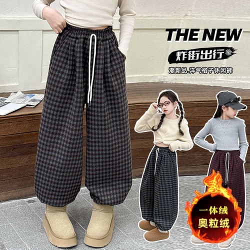 女童春秋款一体绒灯笼裤格子裤