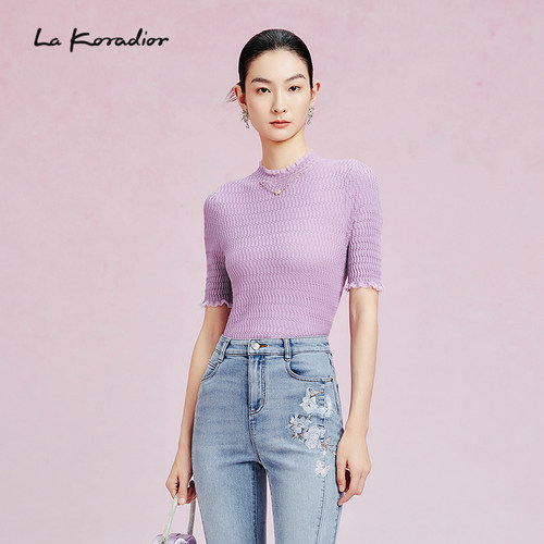 【桑蚕丝】La Koradior拉珂蒂新款木耳领气质蚕丝小衫女修身上衣