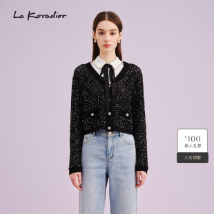 Koradior拉珂蒂女商场同款 黑色拼接针织上衣开衫 时尚 新款 秋季