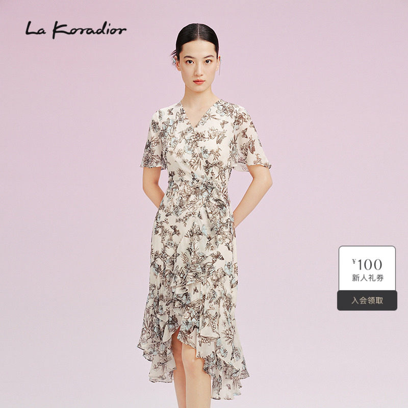 La Koradior拉珂蒂2025夏100桑蚕丝印花浪漫气质收腰真丝连衣裙女