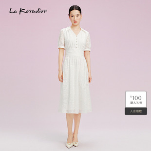 Lakoradior拉珂蒂2025新款 纯色镂空气质连衣裙翻领中长裙女 法式