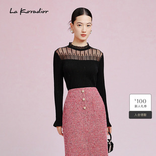 Koradior拉珂蒂新款 镂空圆领打底衫 喇叭袖 针织衫 通勤 气质修身