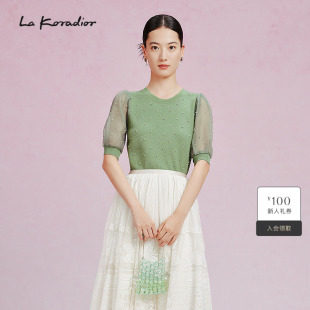 商场同款 新款 夏季 光泽钉珠优雅小衫 Koradior拉珂蒂女时尚