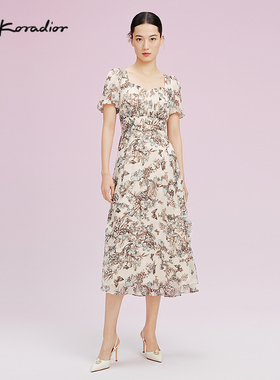 La Koradior拉珂蒂2025夏100桑蚕丝复古印花气质收腰真丝连衣裙女