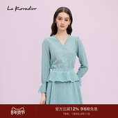 新款 Lakoradior拉珂蒂商场同款 春季 浅蓝针织上衣女V领荷叶边优雅