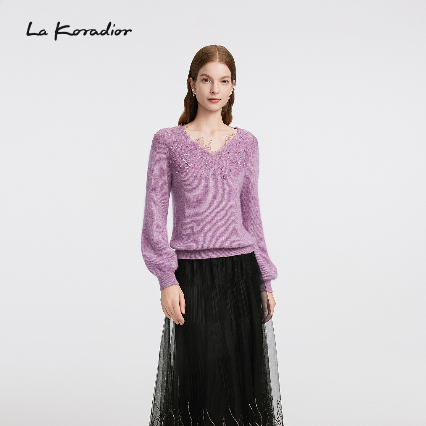 【商场同款】Lakoradior拉珂蒂名媛优雅女秋冬新款柔雅钉珠针织衫