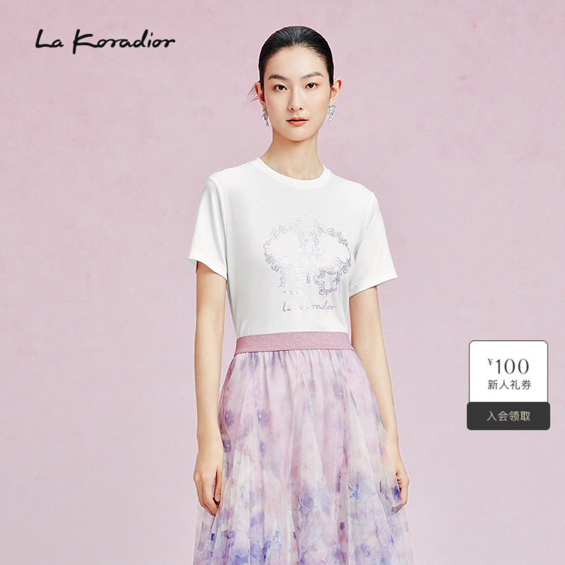 La Koradior拉珂蒂新款圆领白色蝴蝶兰烫钻纯棉T恤衫上衣通勤女