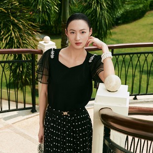 通勤简约网纱上衣女 纯色短袖 Lakoradior拉珂蒂减龄优雅夏季 新款